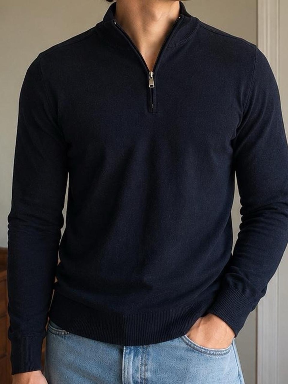 Express Men Merino Wool Quarter Zip Sweater Navy Blue Medium